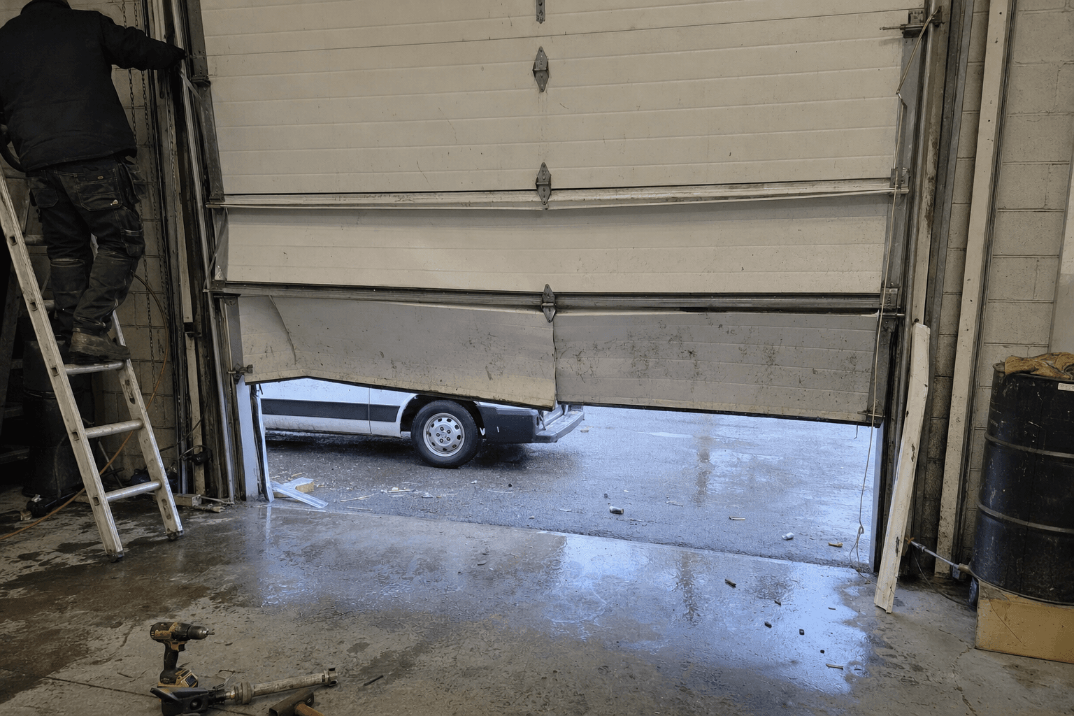 Keeping an auto service bay door running when cars and vans hit it